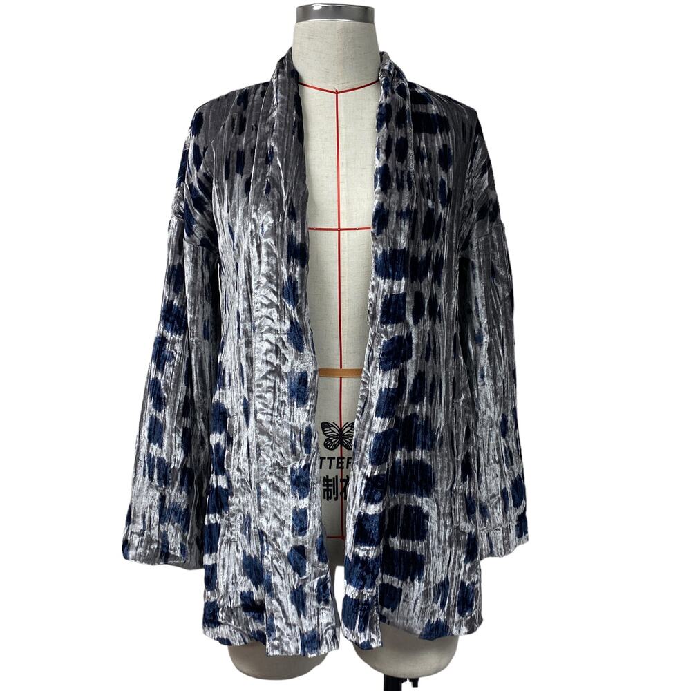 PureJill Womens Size XS Printed Grey Blue Velvet Open Front Cardigan